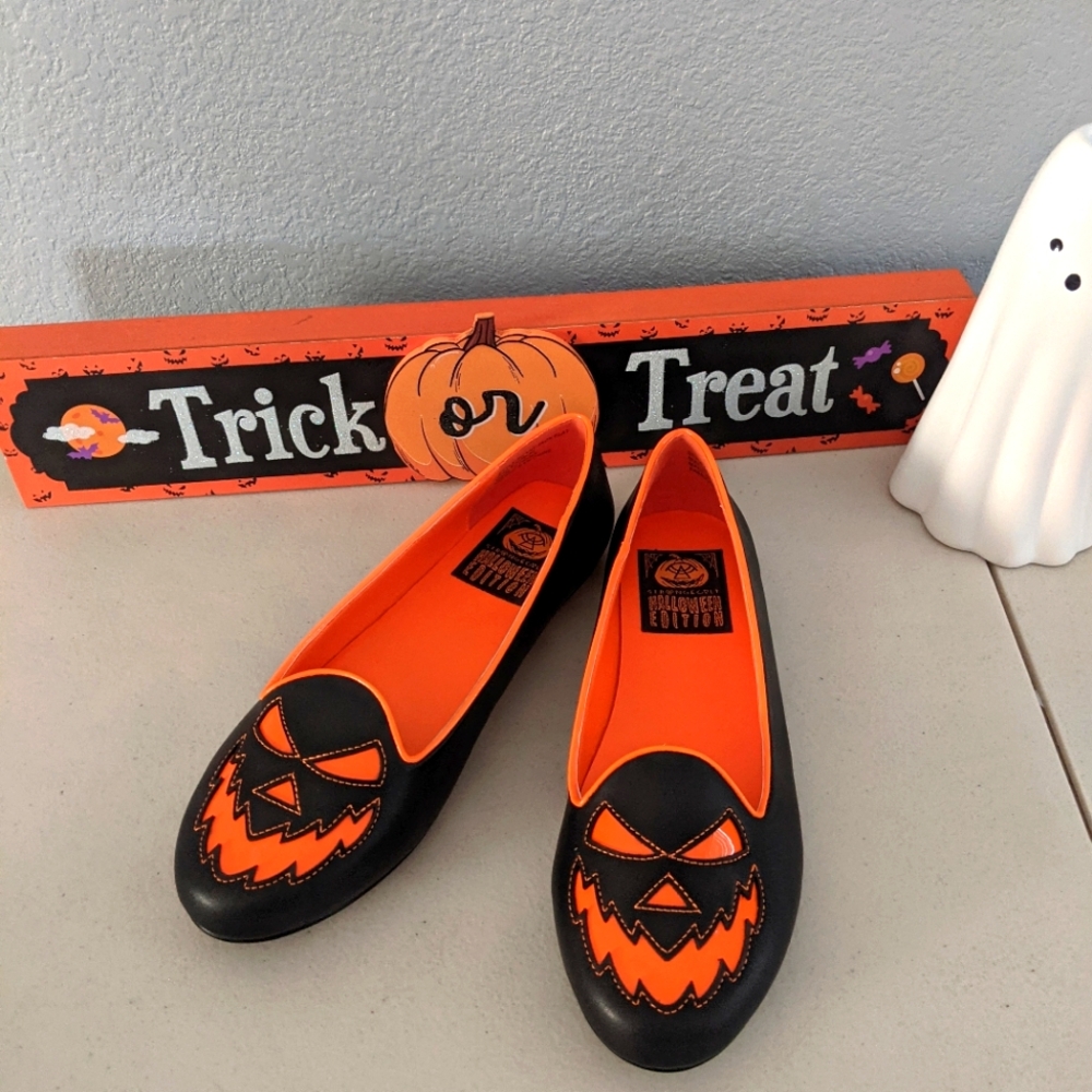 Halloween Mary Jane's Flat Shoes Black Orange Scary Jack Pumpkin Costume Goth